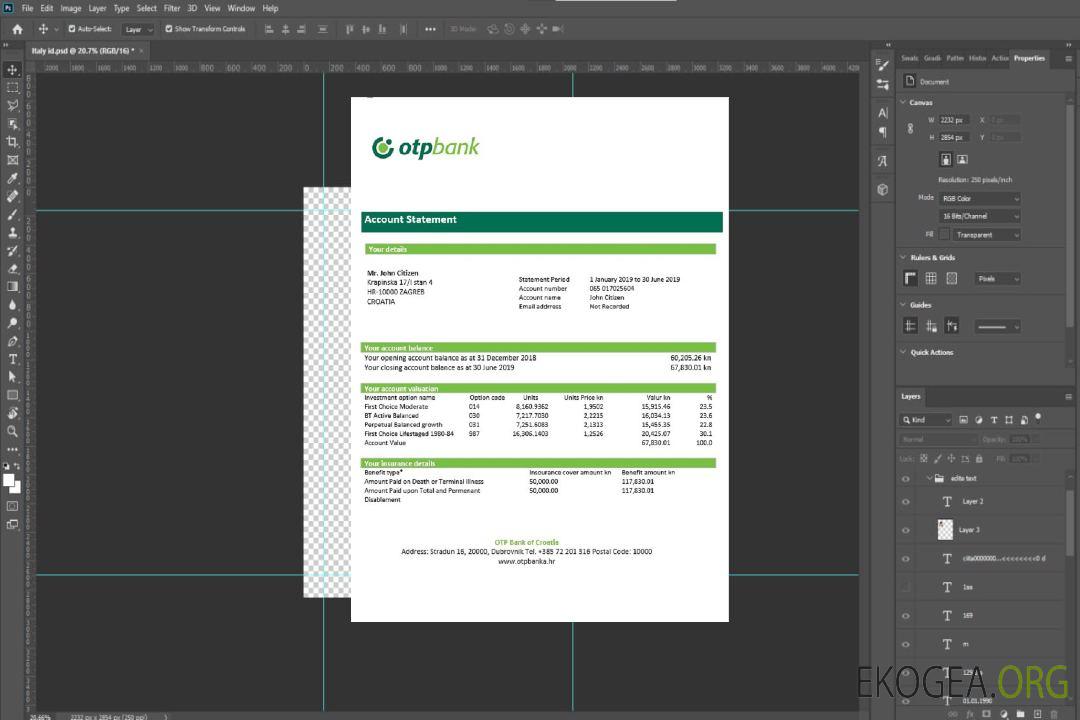 Relevé bancaire OTP de Croatie template